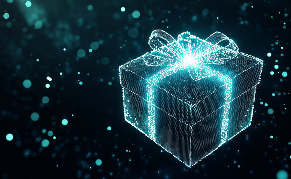 Futuristic Digital Gift Box with Neon Glow: A 3D holographic gift box with a glowing neon outline and ribbon, set against a dark background, symbolizing virtual gifting or technology.