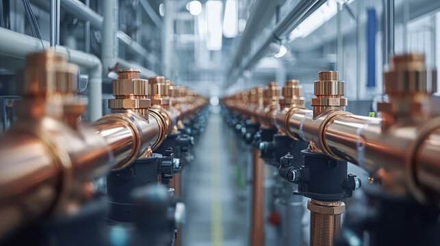 Copper pipes run parallel through a manufacturing facility during daylight working hours