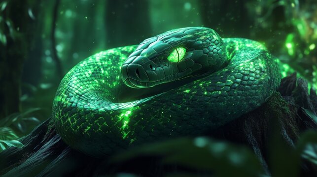 In a lush, mystical forest, a green snake rests gracefully on a mossy log, its striking eyes glowing softly in the twilight. The environment is rich with vivid flora surrounding the serpent.