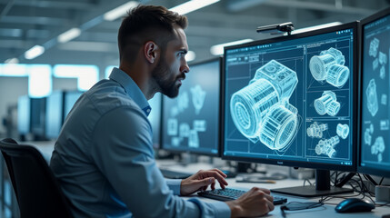 Engineer designer designing CAD components on multiple monitors