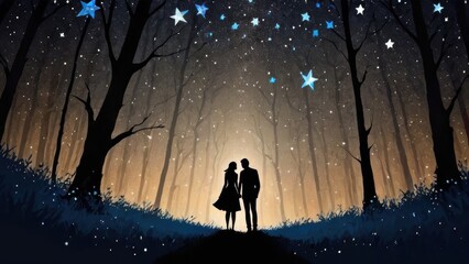 Obraz premium Couple Silhouette Under a Starry Forest Sky