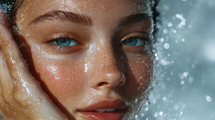 A close-up of a woman's face with water droplets on her skin, creating a refreshing and ethereal look