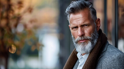Fototapeta premium Businessman concept. Men get more attractive with age. Facial care and aging. Traits and behaviors that make men more appealing. Attractive mature man. Mature guy with grey hair and bristle.