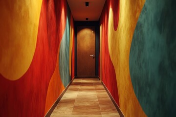 hallway wall design, the hallways textured walls showcase creative patterns and bold colors, creating a visually striking passage