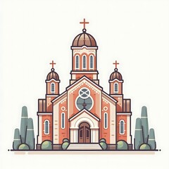 Fototapeta premium Flat, isolated illustration of a traditional church with a tall steeple and cross on top. Simple design with clean lines and neutral colors, ideal for religious or architectural themes.