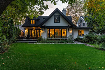 A modern cottage with dark wood accents and expansive windows stands elegantly in Montreal's greenery. Its inviting front porch blends traditional charm with contemporary design, while the lush lawn.