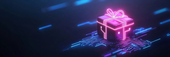 Futuristic neon modern gift box with tech circuit board on black background. Cyber Monday, Black Friday sale. Online shopping and big sale. Template with copy space for holiday promo poster, banner