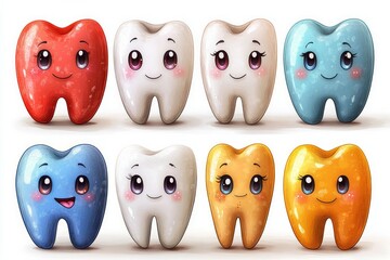 Obraz premium group of beautiful cartoon characters with big watery eyes, different shapes and gradient colors