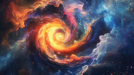 A swirling nebula of vibrant colors with a glowing center.