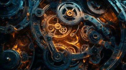A close-up of intricate mechanical gears in motion, highlighting the complexity and synergy of engineering and technology in modern machinery.