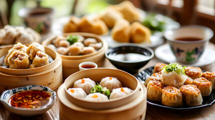 A variety of Chinese dim sum dishes served on a wooden table with dipping sauces.