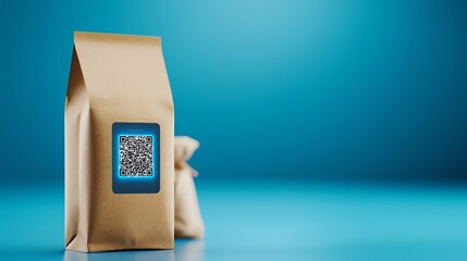 A sleek brown paper bag with a QR code against a vibrant blue backdrop, ideal for packaging and technology themes.