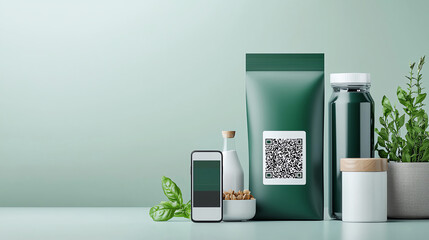 Modern green packaging with smartphone and plants, featuring QR code. Perfect for health food brands and eco-friendly products.