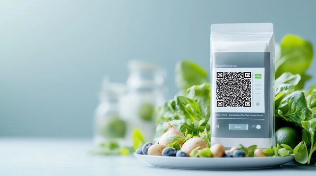 Fresh greens on a plate with a QR code package, showcasing healthy eating and modern food technology. - Powered by Adobe