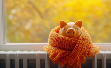 Piggy Bank Wrapped in Scarf by Window: A piggy bank wrapped in an orange scarf, symbolizing savings and warmth during the autumn season, with a cozy window view.