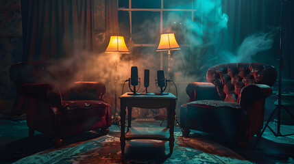 A vintage room set up for a podcast with two microphones on a table between two chairs.