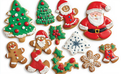 Decorated Christmas Cookies Collection: A festive assortment of Christmas cookies shaped like Santa, snowflakes, gingerbread men, and trees, decorated with colorful icing.
