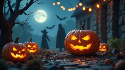 spooky halloween night with haunted houses, creepy decorations, costumes and pumpkins