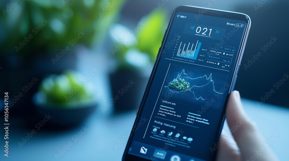 Aufkleber a close-up view of a smartphone displaying advanced analytics and financial data in a modern workspa