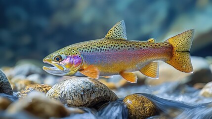 Fototapeta premium Colorful trout swimming among pebbles in a crystal-clear river during daylight