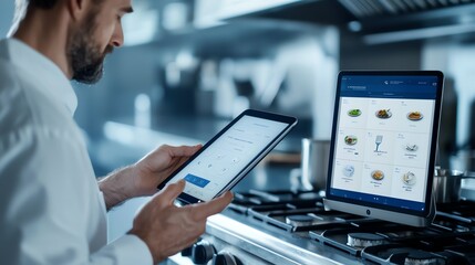 A chef uses a tablet to browse food recipes while cooking in a modern kitchen with advanced appliances.