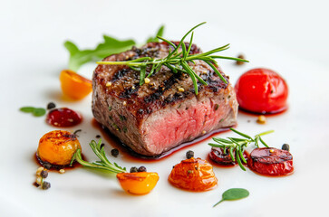 Grilled beef steak with rosemary and cherry tomatoes on white plate