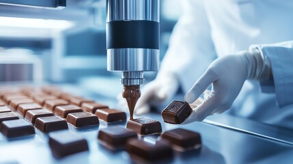 A close-up view of chocolate production, featuring a machine dispensing chocolate onto molds, showcasing a modern factory setting.