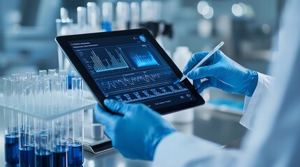 A scientist using a tablet in a laboratory, analyzing data on a digital screen with test tubes in the background.