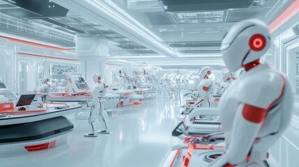hundreds of AI bots working together in a lab developing amazing new technologies, futuristic large lab