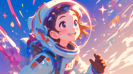 Obraz premium A young girl astronaut smiles with wonder as she floats through a galaxy of colorful stars.
