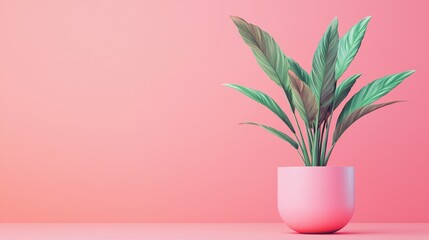 Minimalist green plant in a pink pot against a pastel background