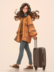 A young woman in a brown jacket and blue jeans walks with a suitcase and headphones.
