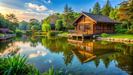 Obraz premium Peaceful pond landscape with a charming traditional wooden house , nature, water, reflection, peaceful
