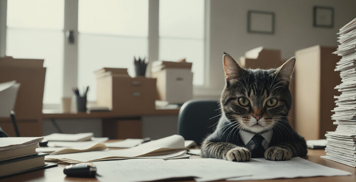 Whimsical Gray Tabby Cat in Black Tie Managing Office Taxes Playfully.  Place for message