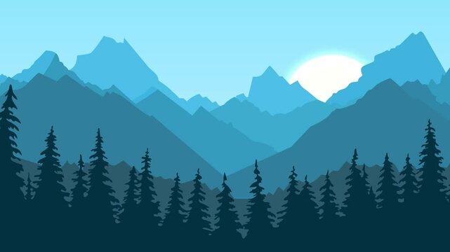Beautiful mountain landscape in motion. Landscape of silhouettes of mountains and forest against the background of the rising moon. Animation of mountains, hills and amazing forest.
