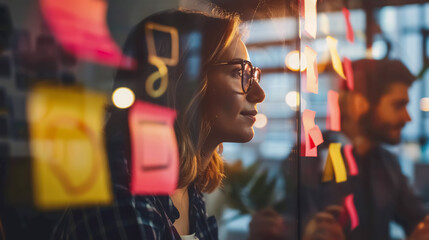 Businesspeople brainstorming together with sticky notes in an office.