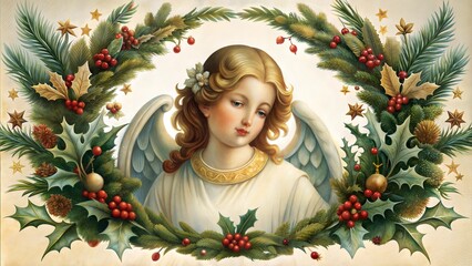 Christmas angel surrounded by festive greenery and berries in a decorative seasonal illustration