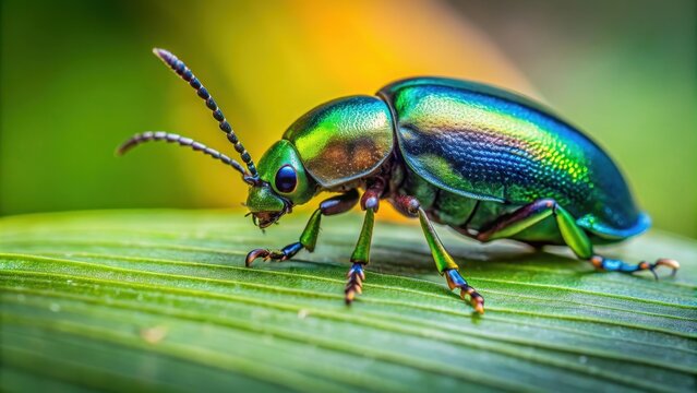 Low angle view of a shiny beetle crawling on a green leaf in Indonesia, beetle, insect, bug, close-up, nature, wildlife