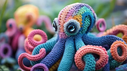 A handcrafted crochet octopus illustrated in blue and pink shades, reflecting a blend of artistic creativity and craftsmanship, perfectly highlighted in detail.