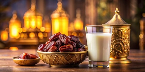 Ramadhan Iftar setting with ajwa dates in a golden container, milk in a glass, and a mosque background , Ramadhan
