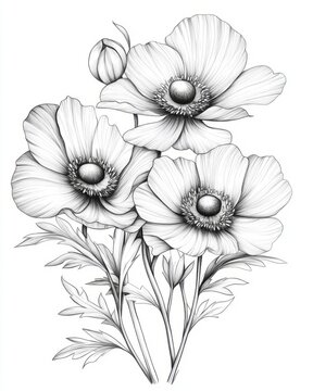 recommend clip art: A detailed black and white line drawing of a group of anemone flowers with soft, open petals and delicate leaves, isolated on white background