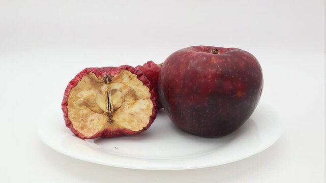 Super time lapse of two apples dehydrating and going bad after placing on porcelain white plate and left in lightbox or under controlled lighting condition against white background for 21 days