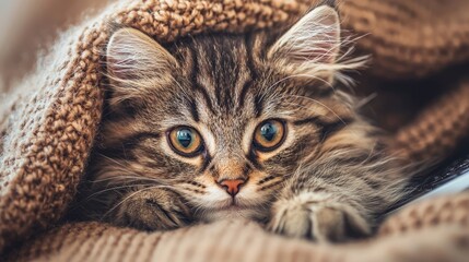The cat sits snuggly on a blanket next to a laptop and a cup of coffee, surrounded by warm string lights