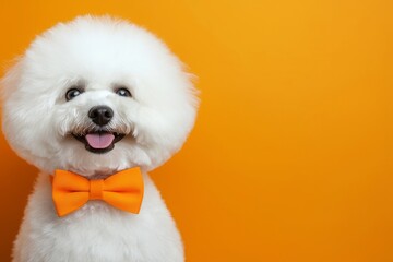 Photographs of a smiling bichon frise wearing a bow tie against a tangerine orange background.