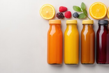 Colorful Bottles of Juice with Fresh Fruits Displayed