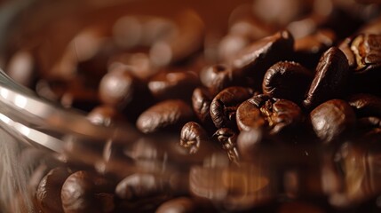 Generous amount of freshly roasted coffee beans, with a smooth and shiny surface, are elegantly...