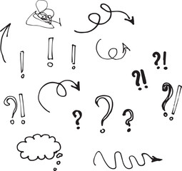 Thought cloud symbolizing a bad idea symbol of a negative mood gloomy tangled cloud minimalistic design doodle comic style hand-drawn ink graphic question mark exclamation mark icon set ink collection