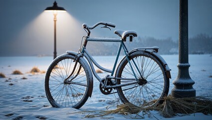 Fototapeta premium Snow-covered bicycle leaned against lamp post in winter landscape at dusk