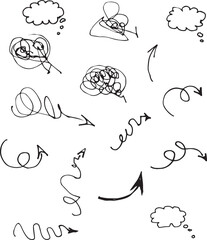 Thought cloud symbolizing a bad idea symbol of a negative mood gloomy tangled cloud minimalistic design doodle comic style hand-drawn ink graphic question mark exclamation mark icon set ink collection
