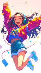 A young woman with long black hair wearing headphones and a colorful outfit jumps in the air with a joyful expression.
